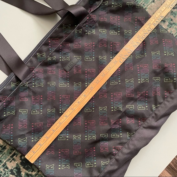 PINK Victoria’s Secret Black Zip Up Tote Bag Black Fluorescent Allover Logo - Picture 6 of 11